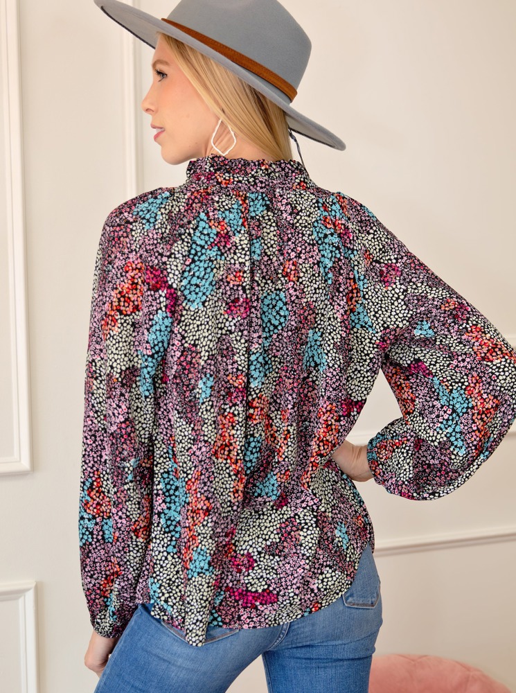 Vibrant Floral Tie V-Neck Blouse