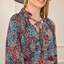  Vibrant Floral Tie V-Neck Blouse