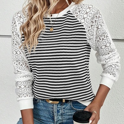 MY DREAM LIFE | Textured Knit & Hollowed Lace Patchwork Sleeve Top | S-XL