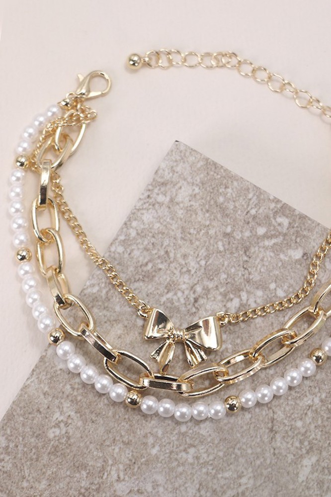 Bow Pearl Link Trio Set Bracelet | Free Shipping