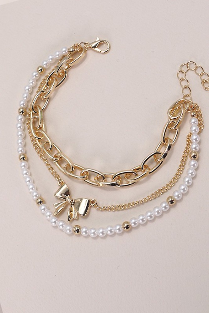 Bow Pearl Link Trio Set Bracelet | Free Shipping