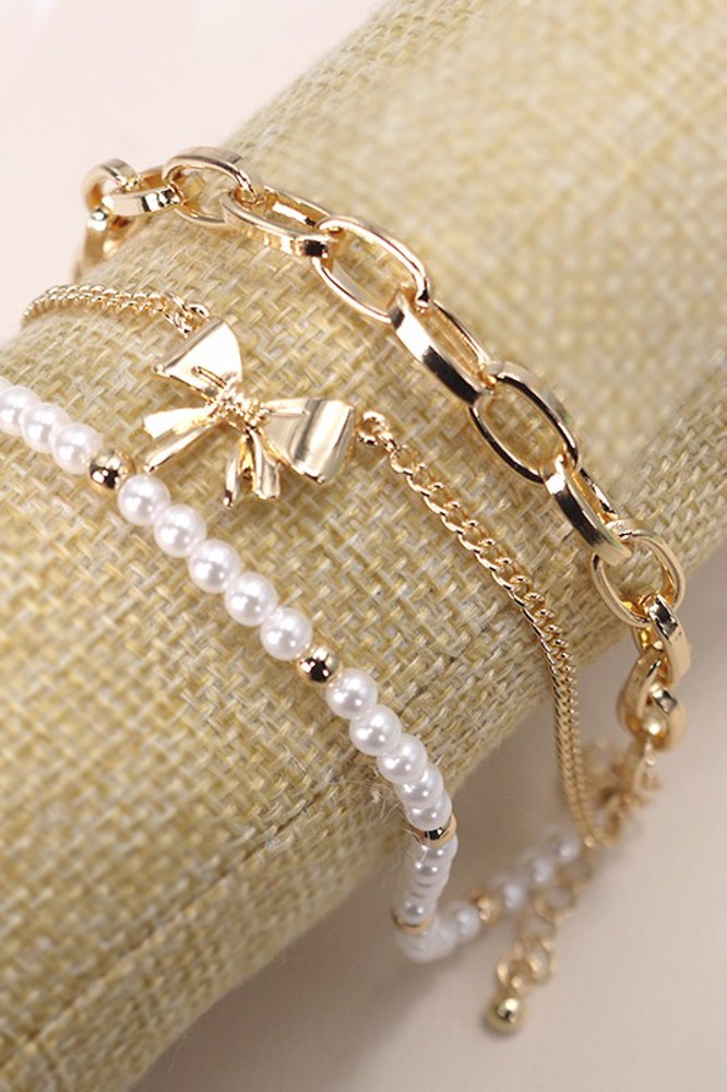 Bow Pearl Link Trio Set Bracelet | Free Shipping