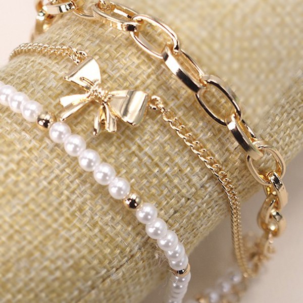 Bow Pearl Link Trio Set Bracelet | Free Shipping