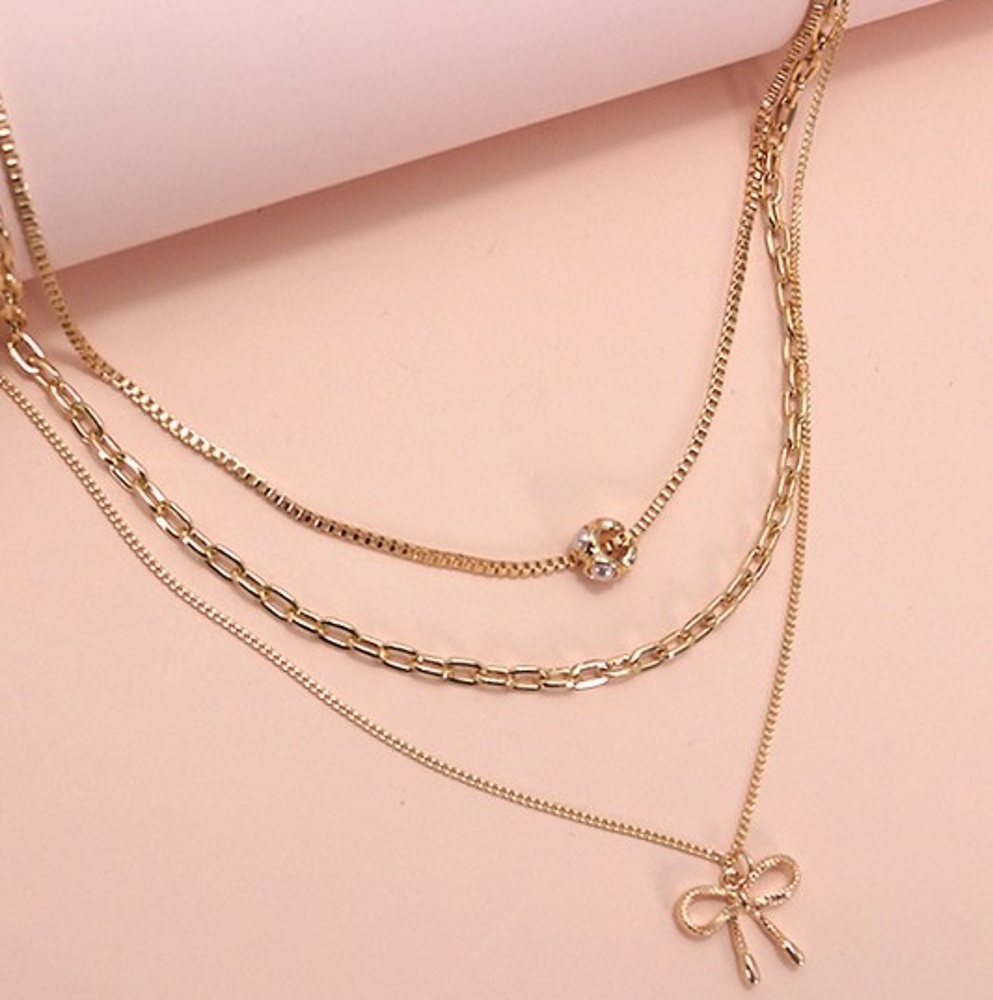 Multi Layer Pearl Bow Charm Necklace | Free Shipping