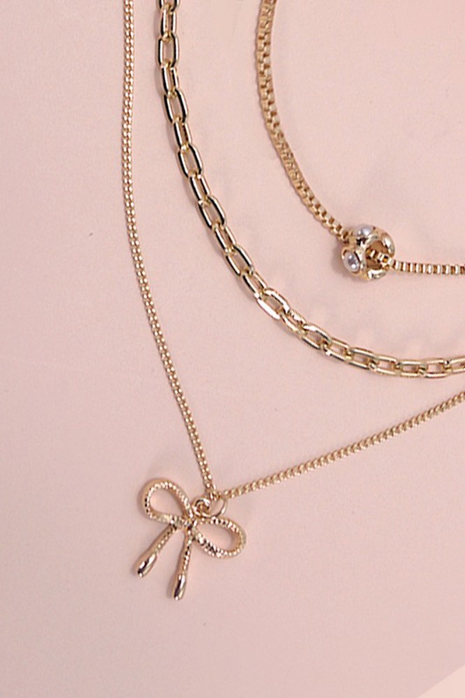 Multi Layer Pearl Bow Charm Necklace | Free Shipping