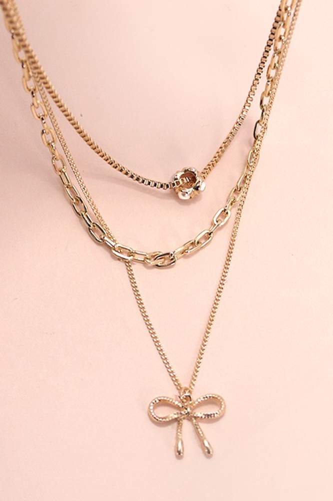 Multi Layer Pearl Bow Charm Necklace | Free Shipping