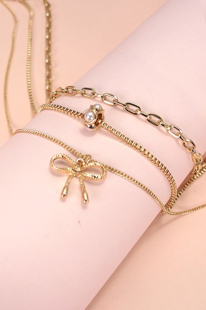 Multi Layer Pearl Bow Charm Necklace | Free Shipping