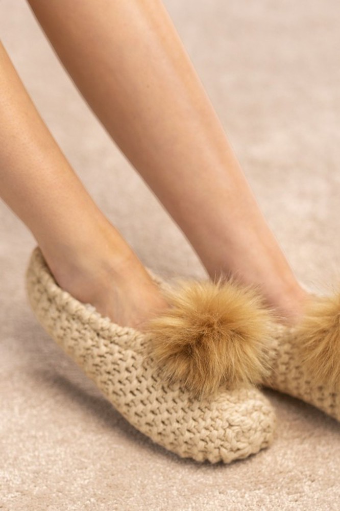 Knitted Slippers with Pom Pom | Two SIZES fits most | Free Shipping