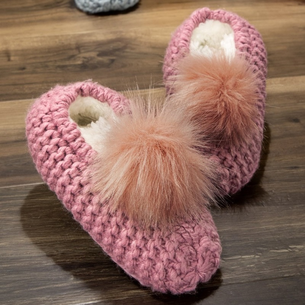 Knitted Slippers with Pom Pom | Two SIZES fits most | Free Shipping