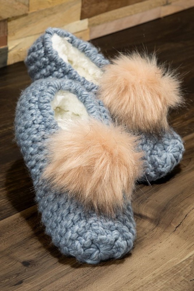 Knitted Slippers with Pom Pom | Two SIZES fits most | Free Shipping