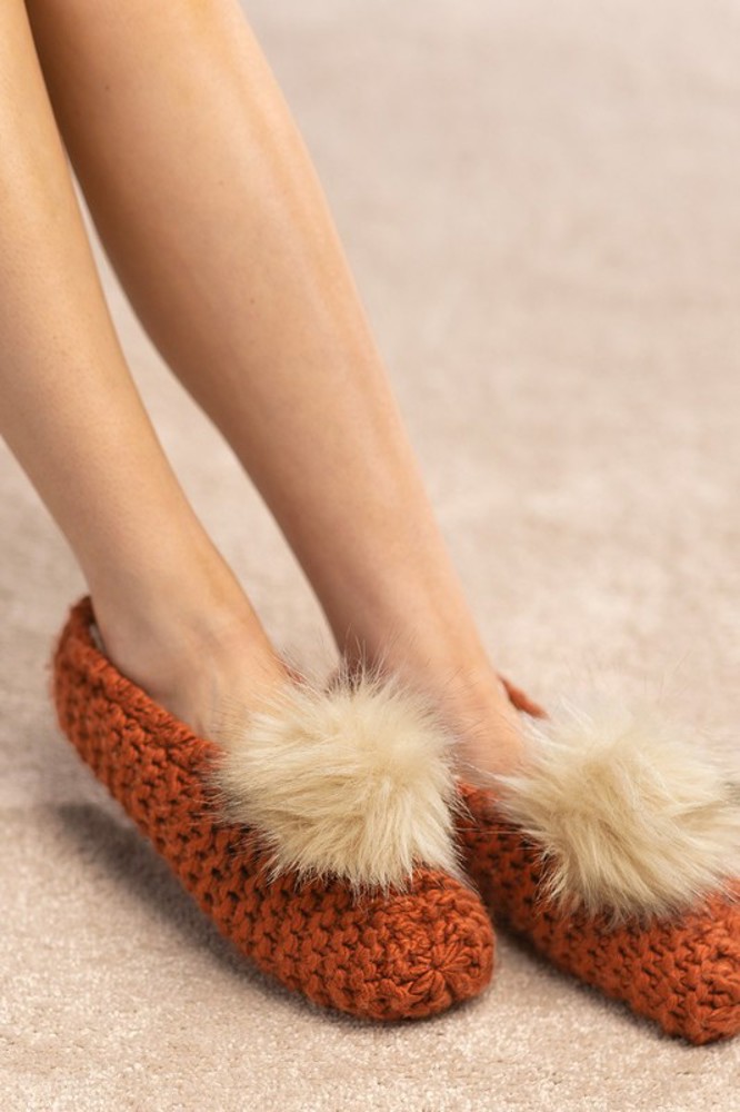 Knitted Slippers with Pom Pom | Two SIZES fits most | Free Shipping