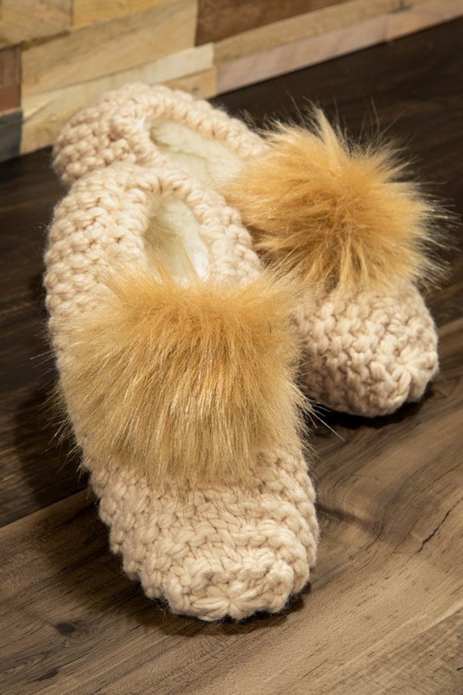 Knitted Slippers with Pom Pom | Two SIZES fits most | Free Shipping