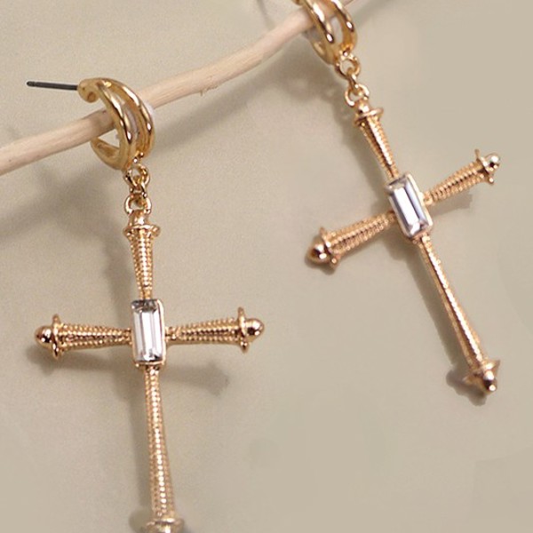 Cross Rhinestone Drop Hoop Earrings | Free Shipping