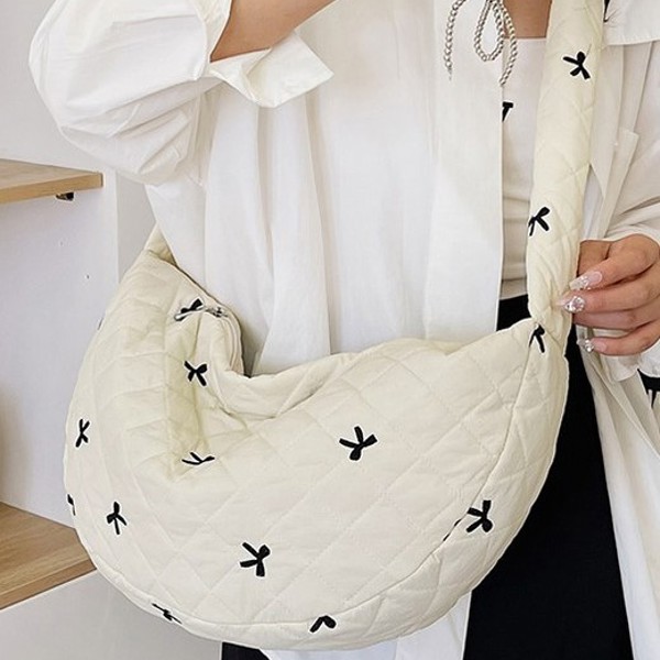 Puffy Quilted Bow Cotton Shoulder Bag