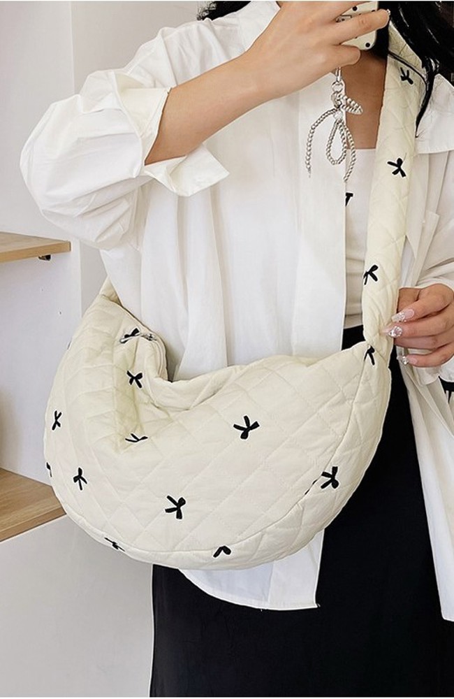 Puffy Quilted Bow Cotton Shoulder Bag