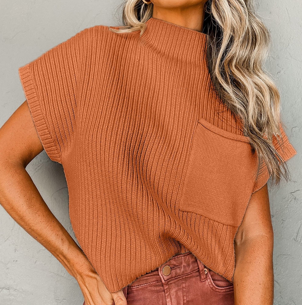 Pocket Ribbed Knit Short Sleeve Sweater