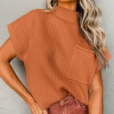  Pocket Ribbed Knit Short Sleeve Sweater