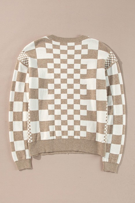 Round Neck Drop Shoulder Checkered Sweater