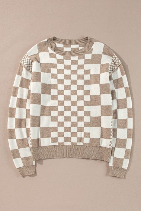 Round Neck Drop Shoulder Checkered Sweater