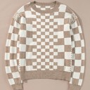  Round Neck Drop Shoulder Checkered Sweater