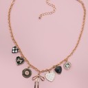  Charm Necklace-bow Checker Heart Rhinestone