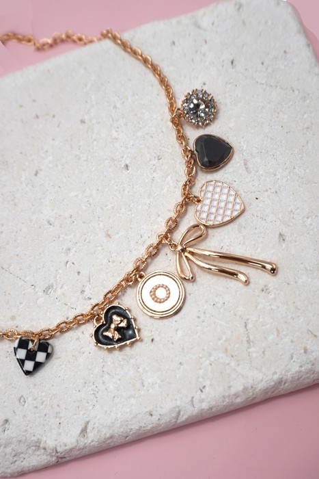 Charm Necklace-bow Checker Heart Rhinestone