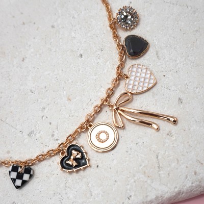 Charm Necklace-bow Checker Heart Rhinestone