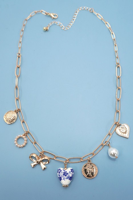Ceramic Porcelain Bow Heart Charm Link Necklace
