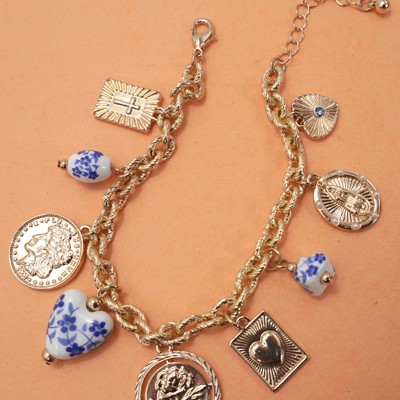Blue Ceramic Porcelain Coin Cross Charm Bracelet