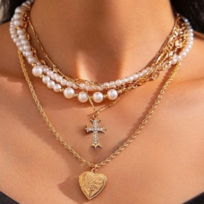 Cross Heart Charm Multilayer Pearl Necklace