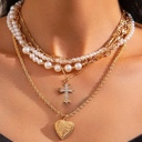  Cross Heart Charm Multilayer Pearl Necklace