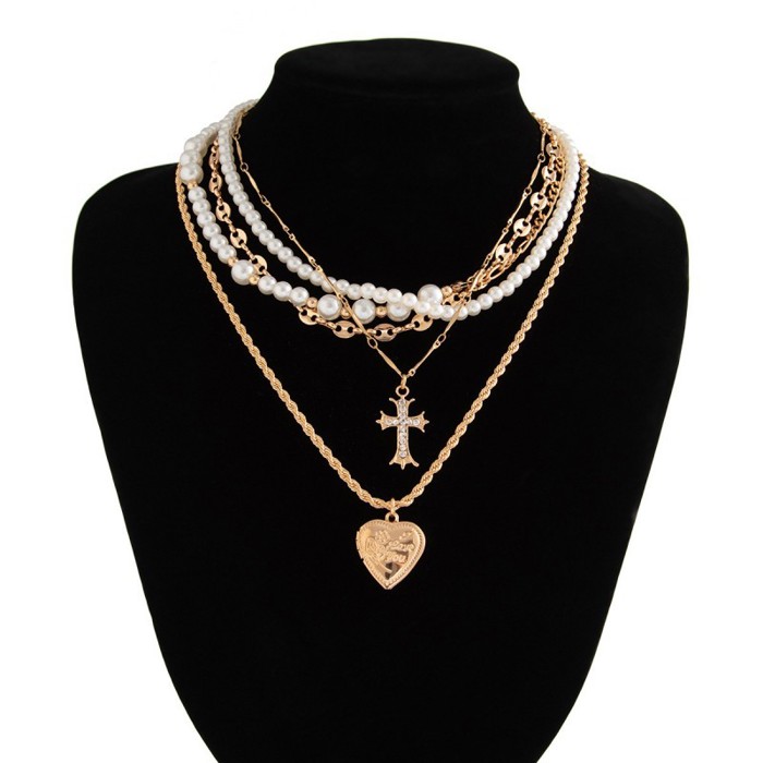 Cross Heart Charm Multilayer Pearl Necklace