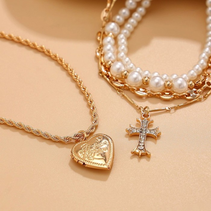 Cross Heart Charm Multilayer Pearl Necklace