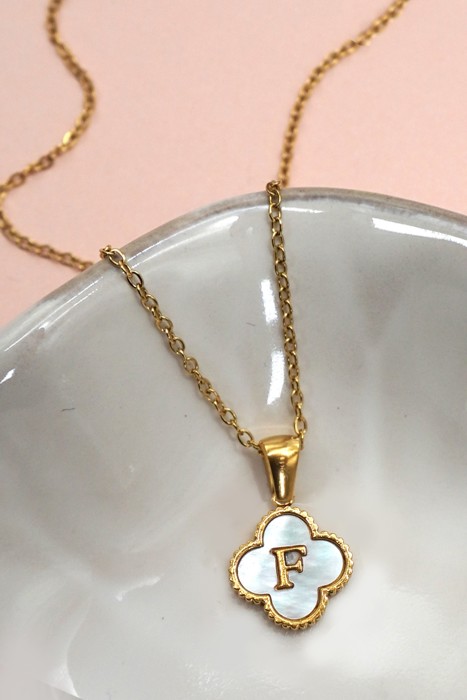 18k Stainless Steel Mother of Pearl Clover Initial Necklace