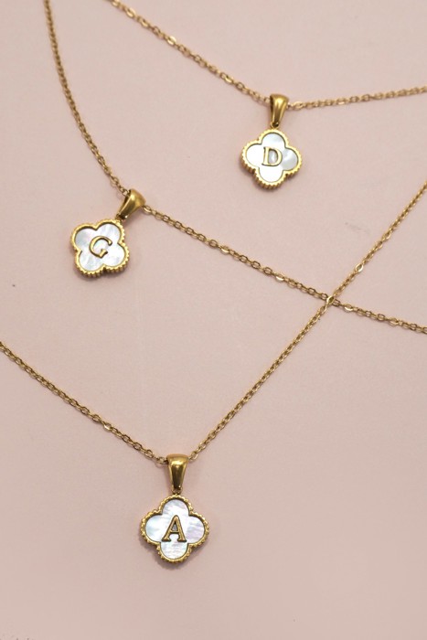 18k Stainless Steel Mother of Pearl Clover Initial Necklace