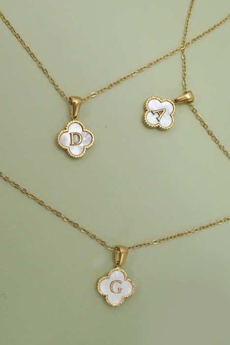 18k Stainless Steel Mother of Pearl Clover Initial Necklace