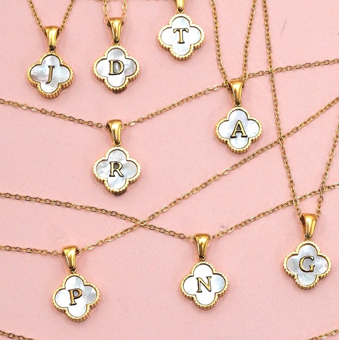 18k Stainless Steel Mother of Pearl Clover Initial Necklace