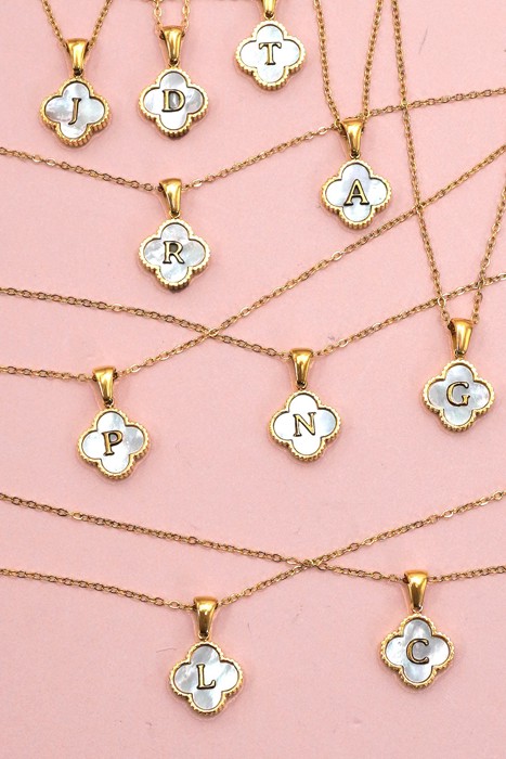 18k Stainless Steel Mother of Pearl Clover Initial Necklace