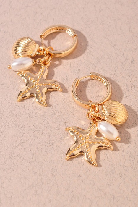 Gold Starfish Clam Charm Huggie Earrings
