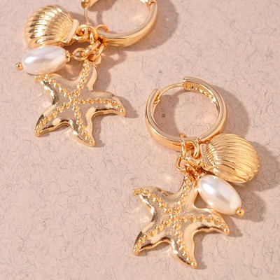 Gold Starfish Clam Charm Huggie Earrings