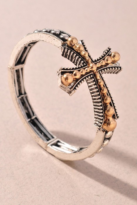 Western Style Rustic Cross Ball Bead Stretch Bracelet