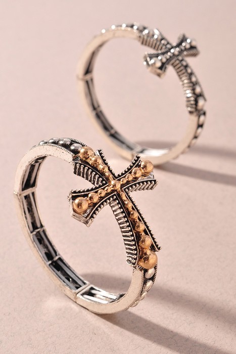 Western Style Rustic Cross Ball Bead Stretch Bracelet