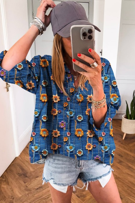 Spring Boho Bloom Print Roll Up Sleeve Blouse | S-XL