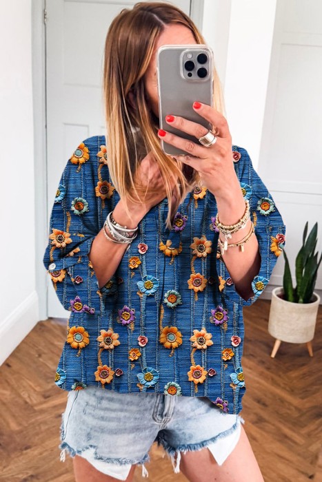 Spring Boho Bloom Print Roll Up Sleeve Blouse | S-XL