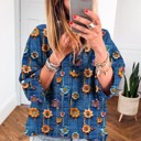 Spring Boho Bloom Print Roll Up Sleeve Blouse | S-XL