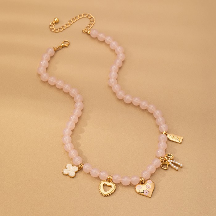 Beaded Charm Necklace-heart Bow Clover
