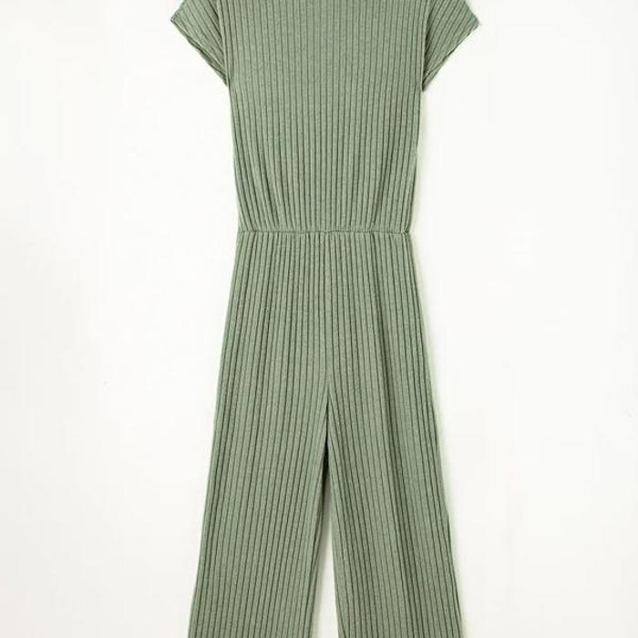 Ribbed Short Sleeve Wide Leg Jumpsuit Loungewear | S-XXL