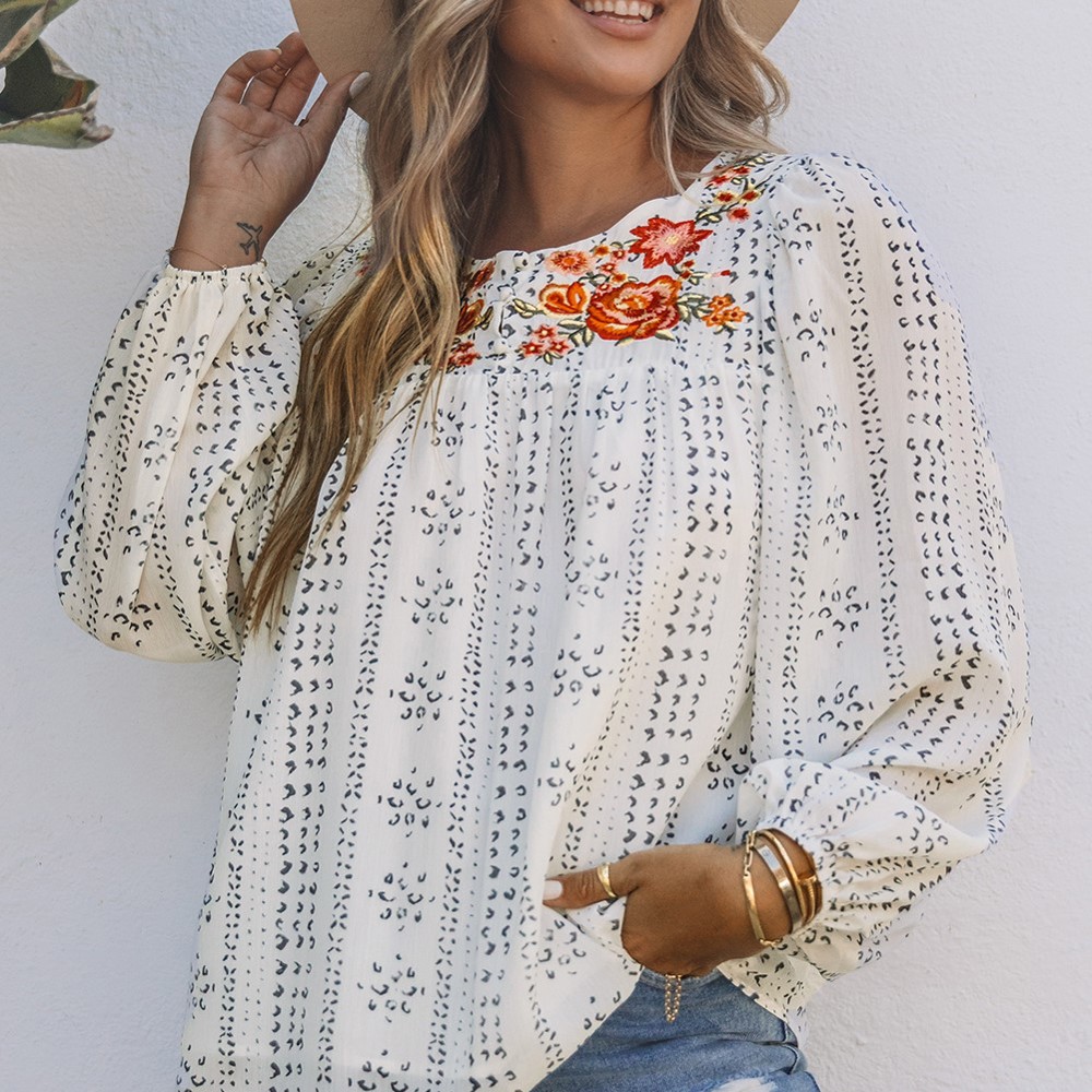 Embroidered Balloon Sleeve Blouse | Free Shipping