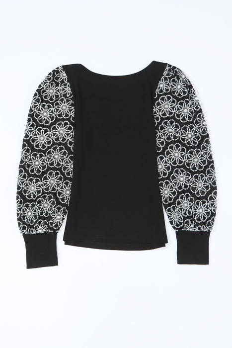 Flower Puff Sleeve Ribbed Knit Top | S-XL