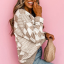  Round Neck Drop Shoulder Checkered Sweater